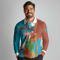 Personalised Montserrat Long Sleeve Polo Shirt Gold Harp And Black Cross - Wonder Print Shop