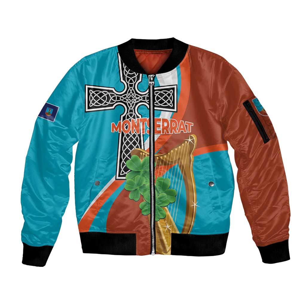 Personalised Montserrat Sleeve Zip Bomber Jacket Gold Harp And Black Cross - Wonder Print Shop