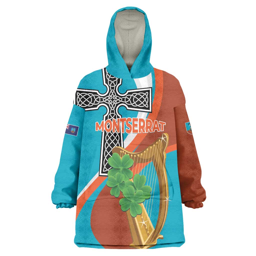 Personalised Montserrat Wearable Blanket Hoodie Gold Harp And Black Cross - Wonder Print Shop