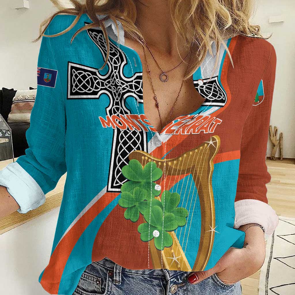 Personalised Montserrat Women Casual Shirt Gold Harp And Black Cross - Wonder Print Shop