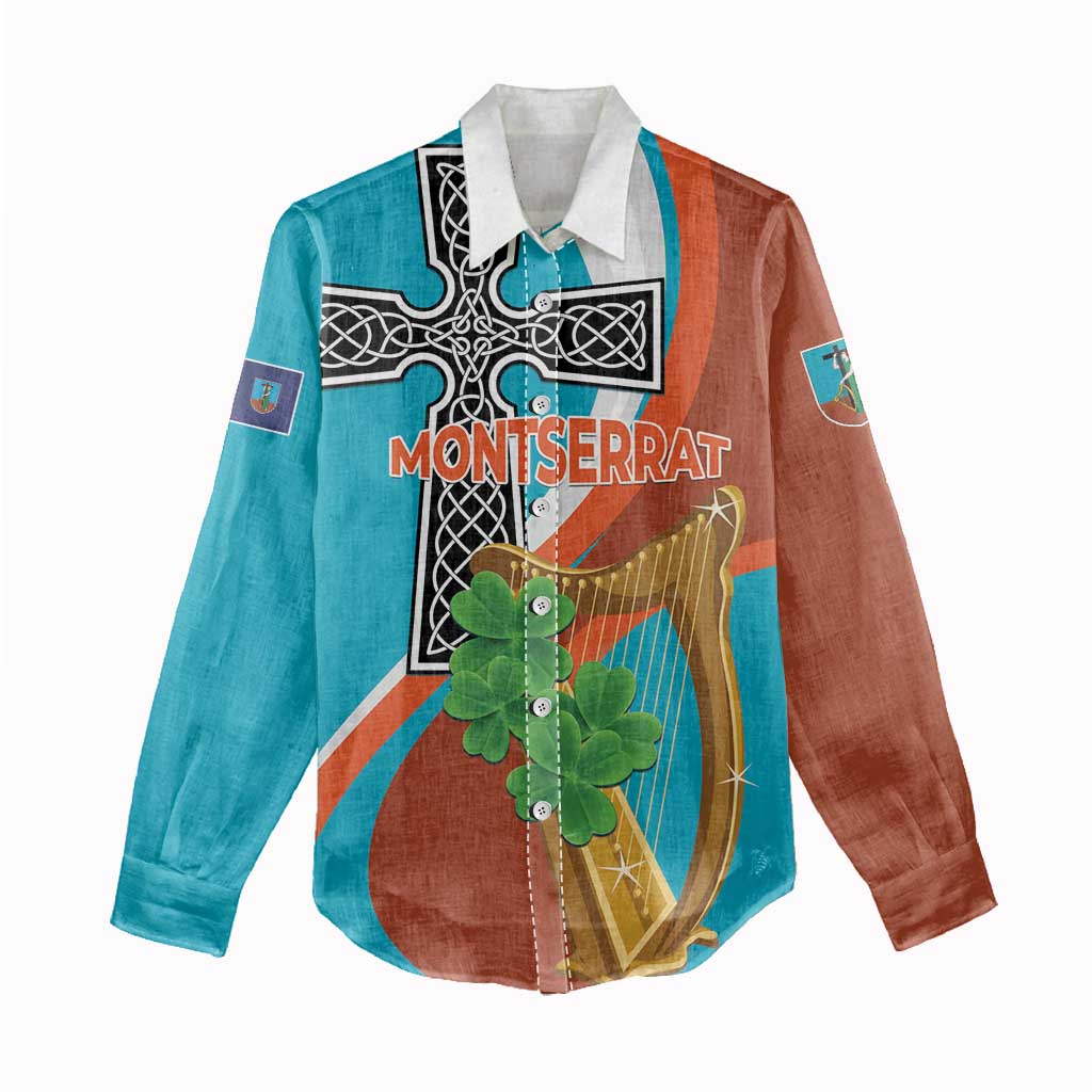 Personalised Montserrat Women Casual Shirt Gold Harp And Black Cross - Wonder Print Shop