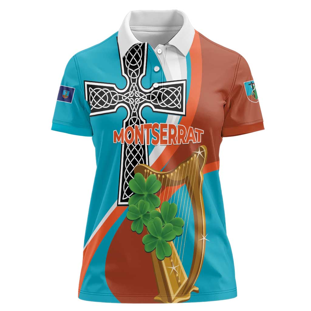 Personalised Montserrat Women Polo Shirt Gold Harp And Black Cross - Wonder Print Shop