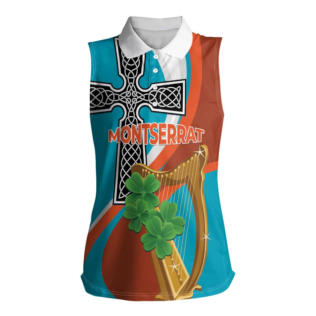 Personalised Montserrat Women Sleeveless Polo Shirt Gold Harp And Black Cross - Wonder Print Shop