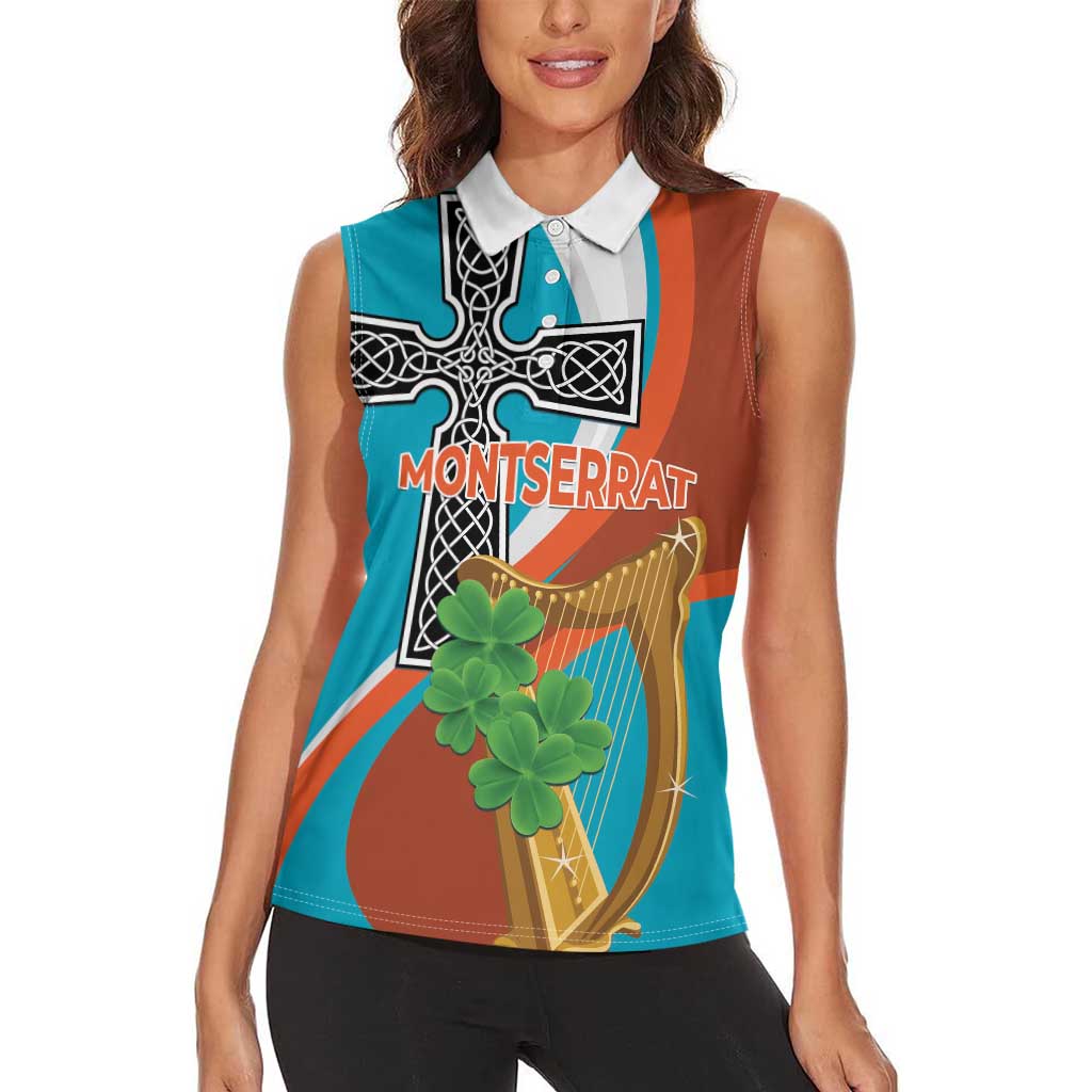 Personalised Montserrat Women Sleeveless Polo Shirt Gold Harp And Black Cross - Wonder Print Shop