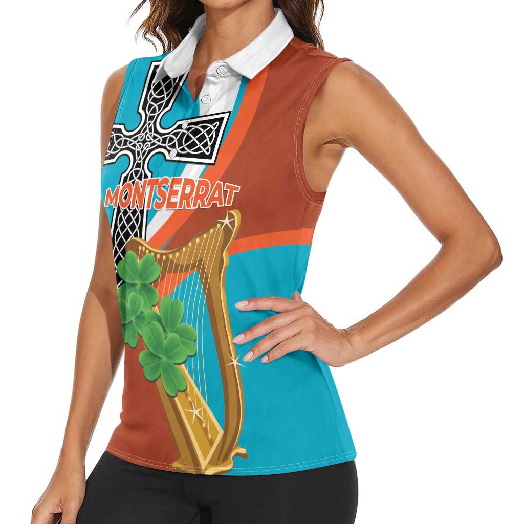 Personalised Montserrat Women Sleeveless Polo Shirt Gold Harp And Black Cross - Wonder Print Shop
