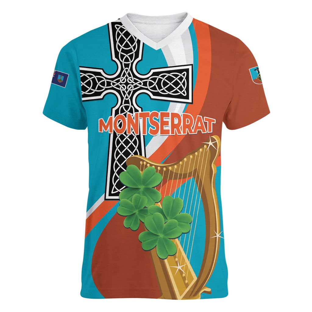 Personalised Montserrat Women V-Neck T-Shirt Gold Harp And Black Cross - Wonder Print Shop