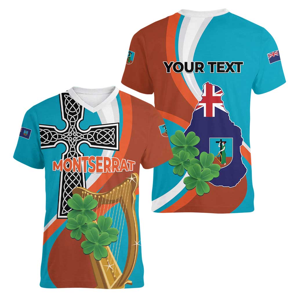 Personalised Montserrat Women V-Neck T-Shirt Gold Harp And Black Cross - Wonder Print Shop