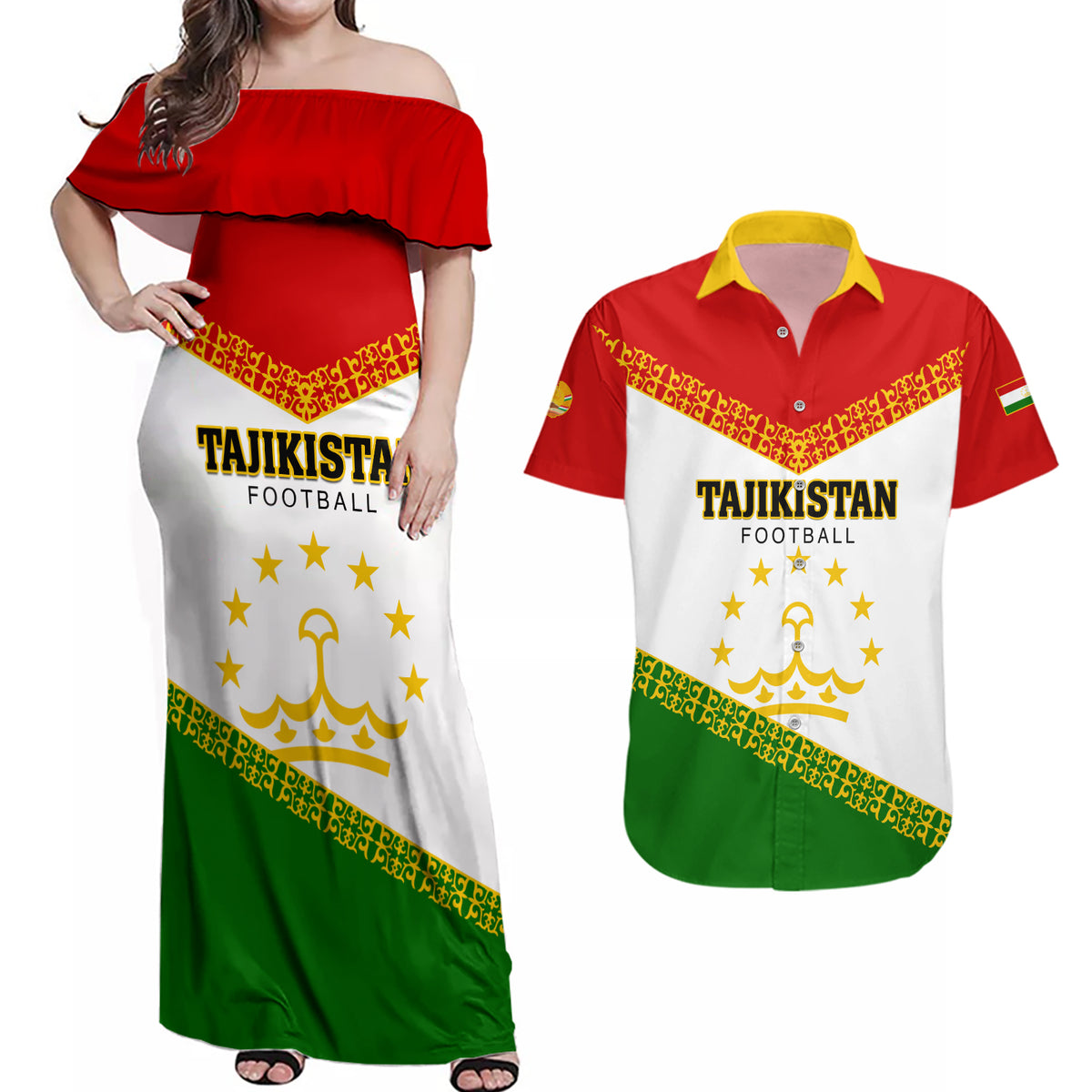 Tajikistan Football Couples Matching Off Shoulder Maxi Dress and Hawaiian Shirt Come On Tadzhikistan - Wonder Print Shop