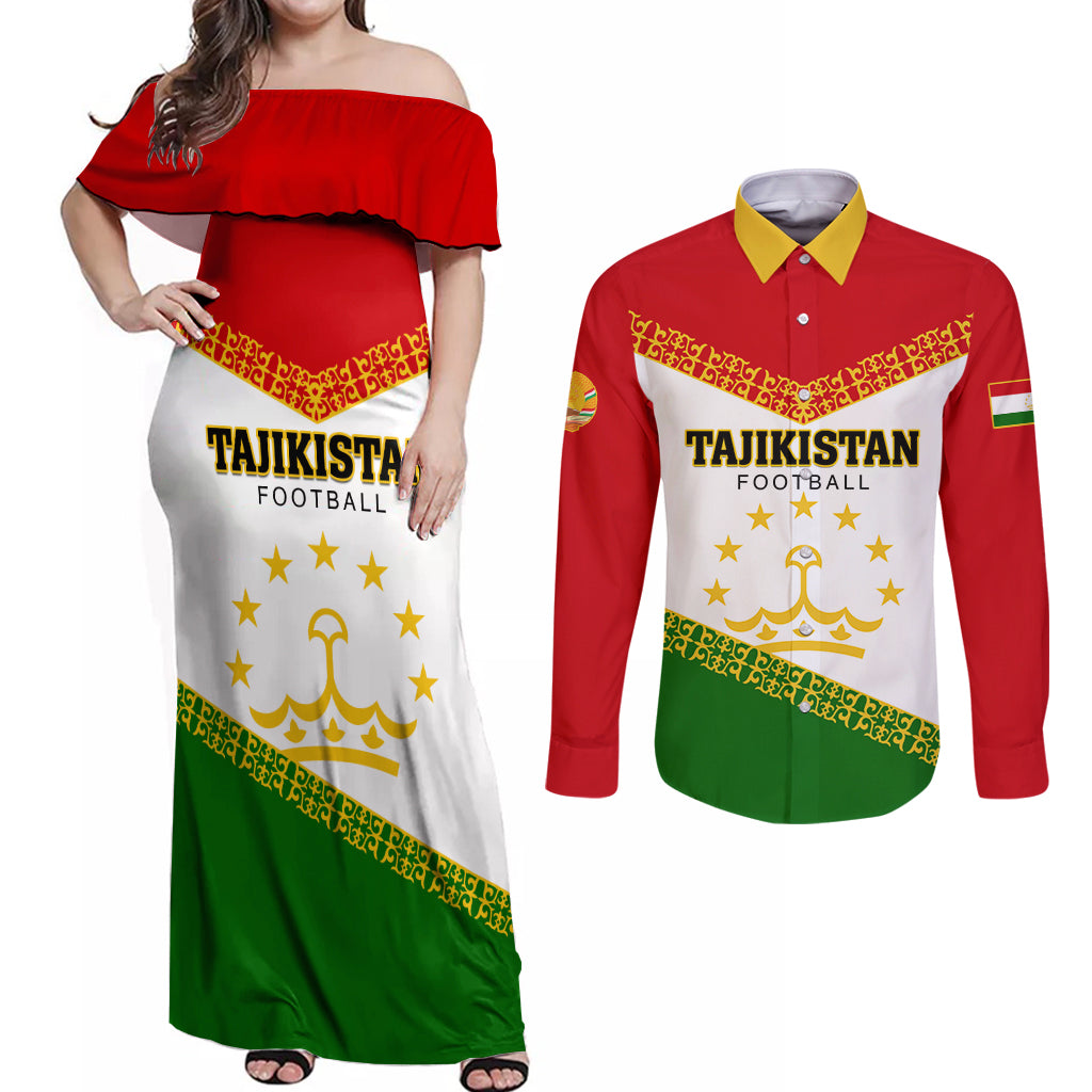 Tajikistan Football Couples Matching Off Shoulder Maxi Dress and Long Sleeve Button Shirt Come On Tadzhikistan - Wonder Print Shop