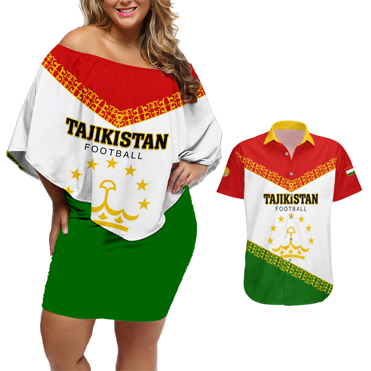 Tajikistan Football Couples Matching Off Shoulder Short Dress and Hawaiian Shirt Come On Tadzhikistan - Wonder Print Shop