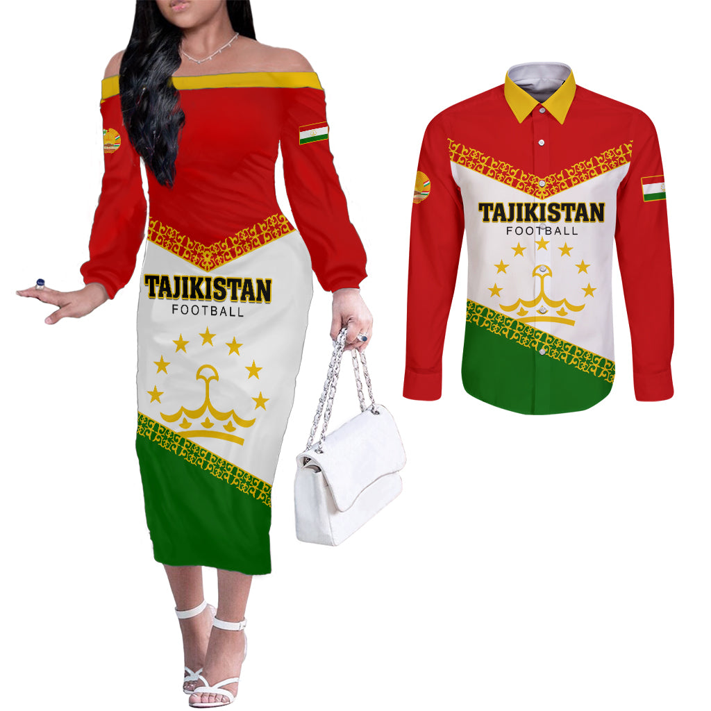 Tajikistan Football Couples Matching Off The Shoulder Long Sleeve Dress and Long Sleeve Button Shirt Come On Tadzhikistan