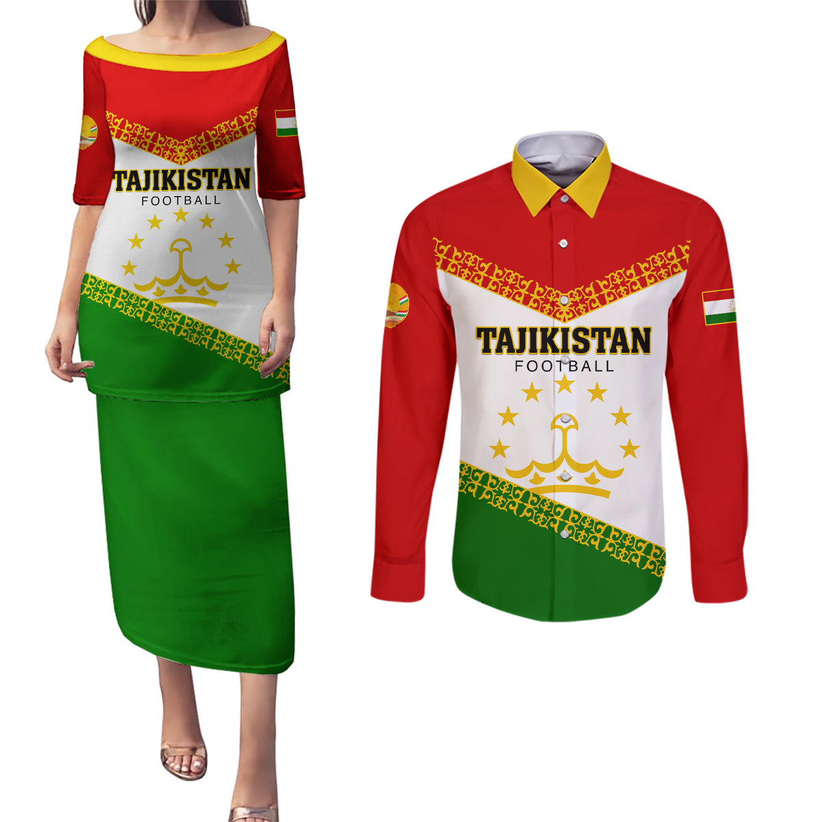 Tajikistan Football Couples Matching Puletasi and Long Sleeve Button Shirt Come On Tadzhikistan - Wonder Print Shop