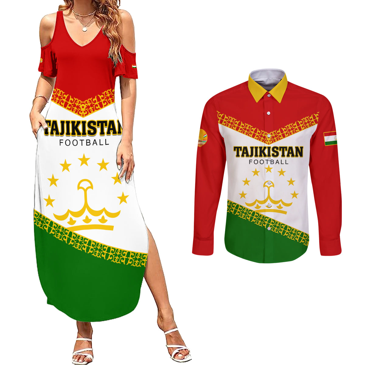 Tajikistan Football Couples Matching Summer Maxi Dress and Long Sleeve Button Shirt Come On Tadzhikistan - Wonder Print Shop