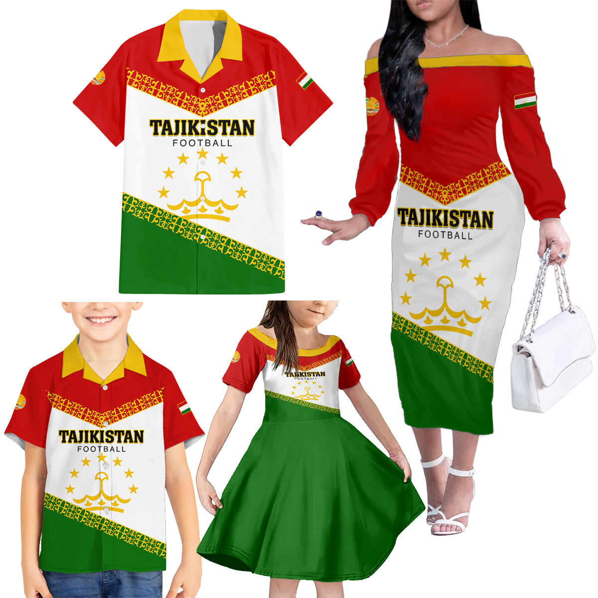 Tajikistan Football Family Matching Off Shoulder Long Sleeve Dress and Hawaiian Shirt Come On Tadzhikistan - Wonder Print Shop