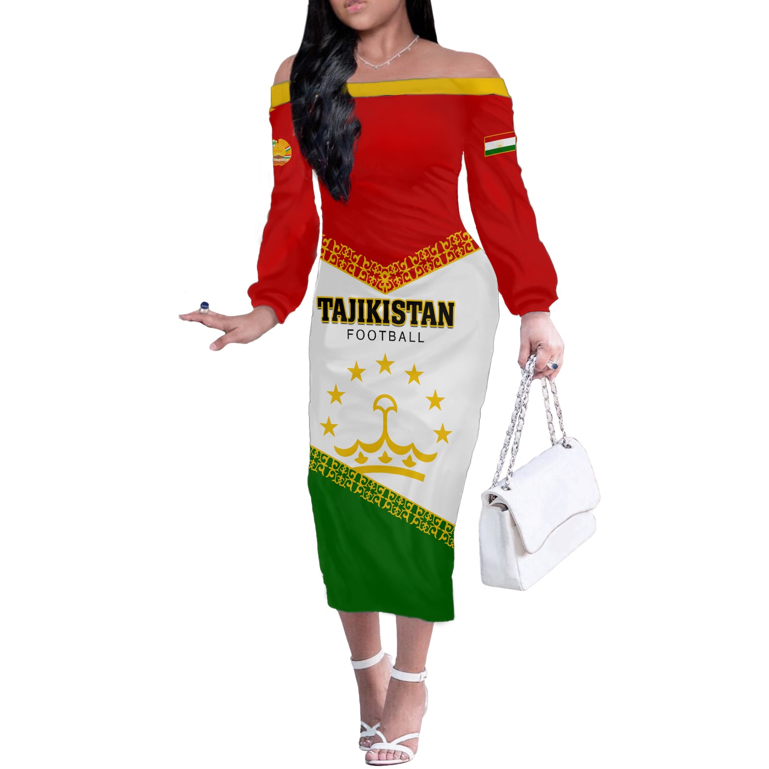 Tajikistan Football Off The Shoulder Long Sleeve Dress Come On Tadzhikistan - Wonder Print Shop