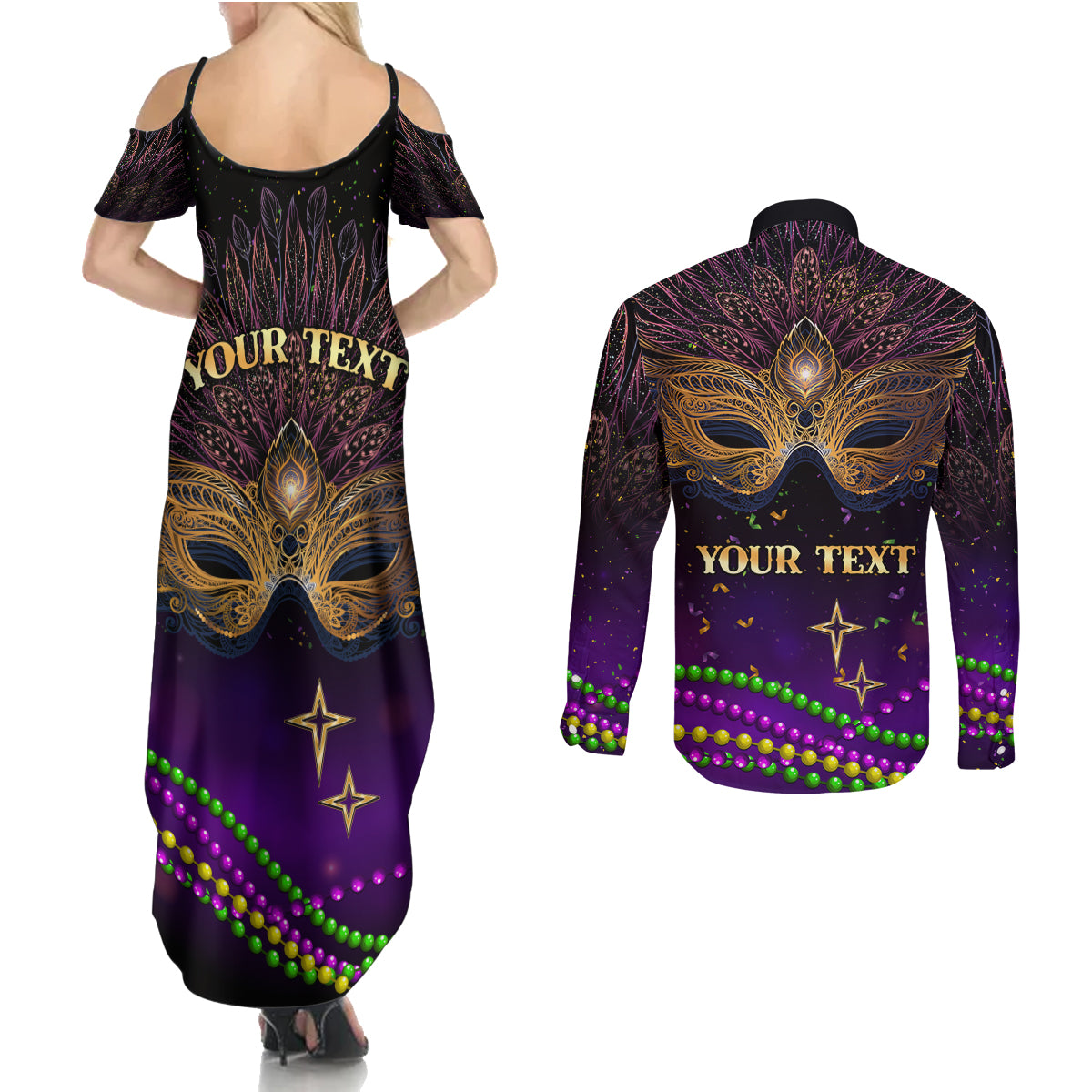 Mardi Gras 2024 Couples Matching Summer Maxi Dress and Long Sleeve Button Shirt Carnival Mask Special Version - Wonder Print Shop