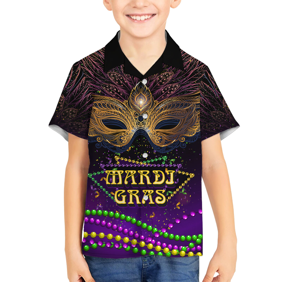 Mardi Gras 2024 Family Matching Off Shoulder Short Dress and Hawaiian Shirt Carnival Mask Special Version - Wonder Print Shop