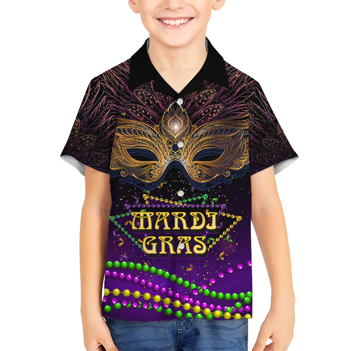 Mardi Gras 2024 Kid Hawaiian Shirt Carnival Mask Special Version - Wonder Print Shop