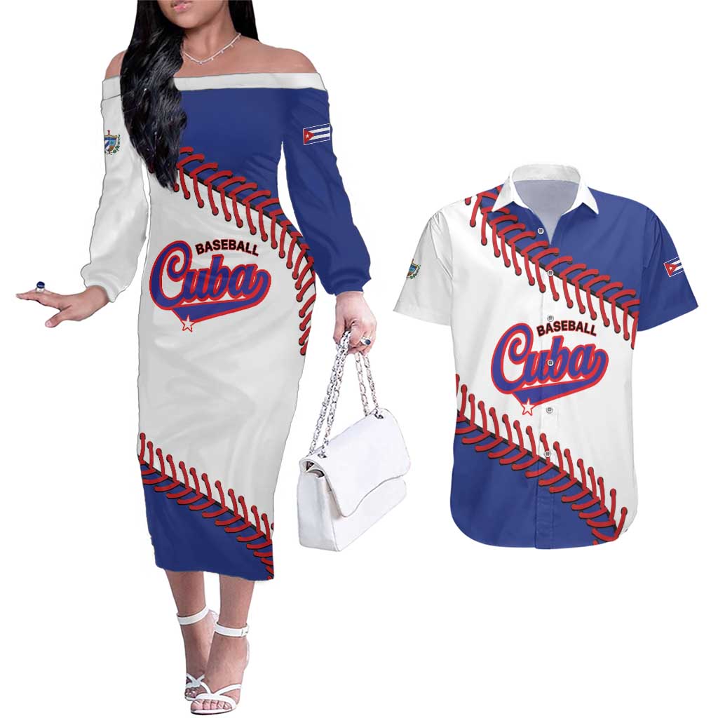 Custom Baseball Cuba 2025 Couples Matching Off The Shoulder Long Sleeve Dress and Hawaiian Shirt Cuba Powerhouse of Baseball