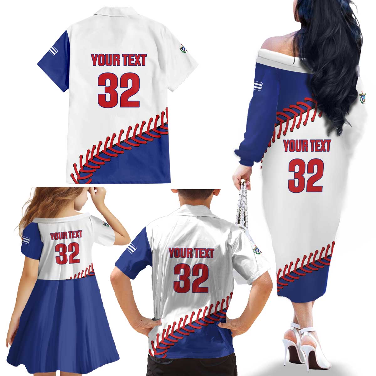 Custom Baseball Cuba 2025 Family Matching Off The Shoulder Long Sleeve Dress and Hawaiian Shirt Cuba Powerhouse of Baseball