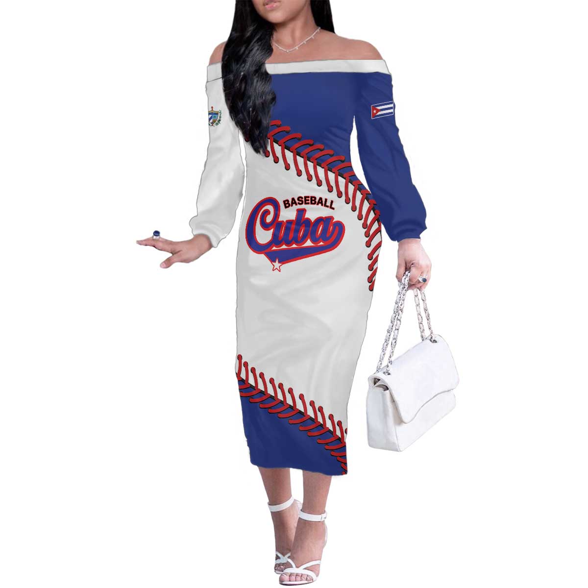 Custom Baseball Cuba 2025 Family Matching Off The Shoulder Long Sleeve Dress and Hawaiian Shirt Cuba Powerhouse of Baseball