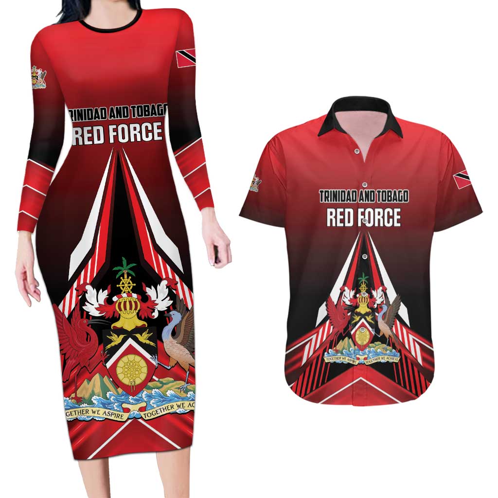 Custom Cricket Trinidad and Tobago Red Force Couples Matching Long Sleeve Bodycon Dress and Hawaiian Shirt Go Champion
