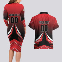Custom Cricket Trinidad and Tobago Red Force Couples Matching Long Sleeve Bodycon Dress and Hawaiian Shirt Go Champion