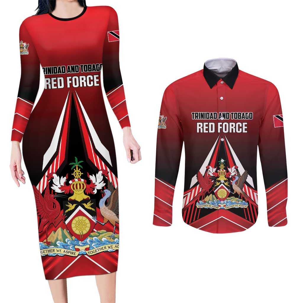Custom Cricket Trinidad and Tobago Red Force Couples Matching Long Sleeve Bodycon Dress and Long Sleeve Button Shirt Go Champion