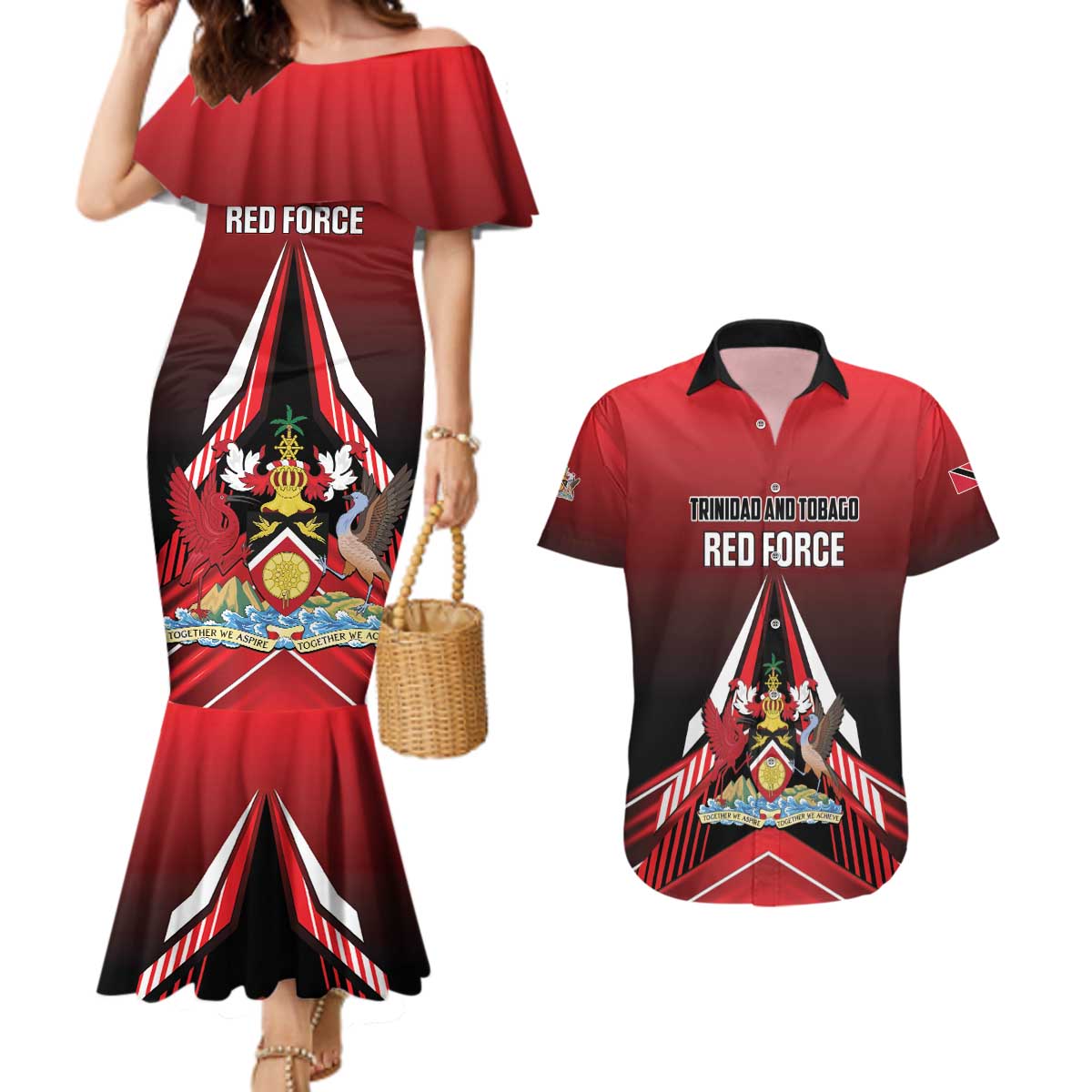 Custom Cricket Trinidad and Tobago Red Force Couples Matching Mermaid Dress and Hawaiian Shirt Go Champion
