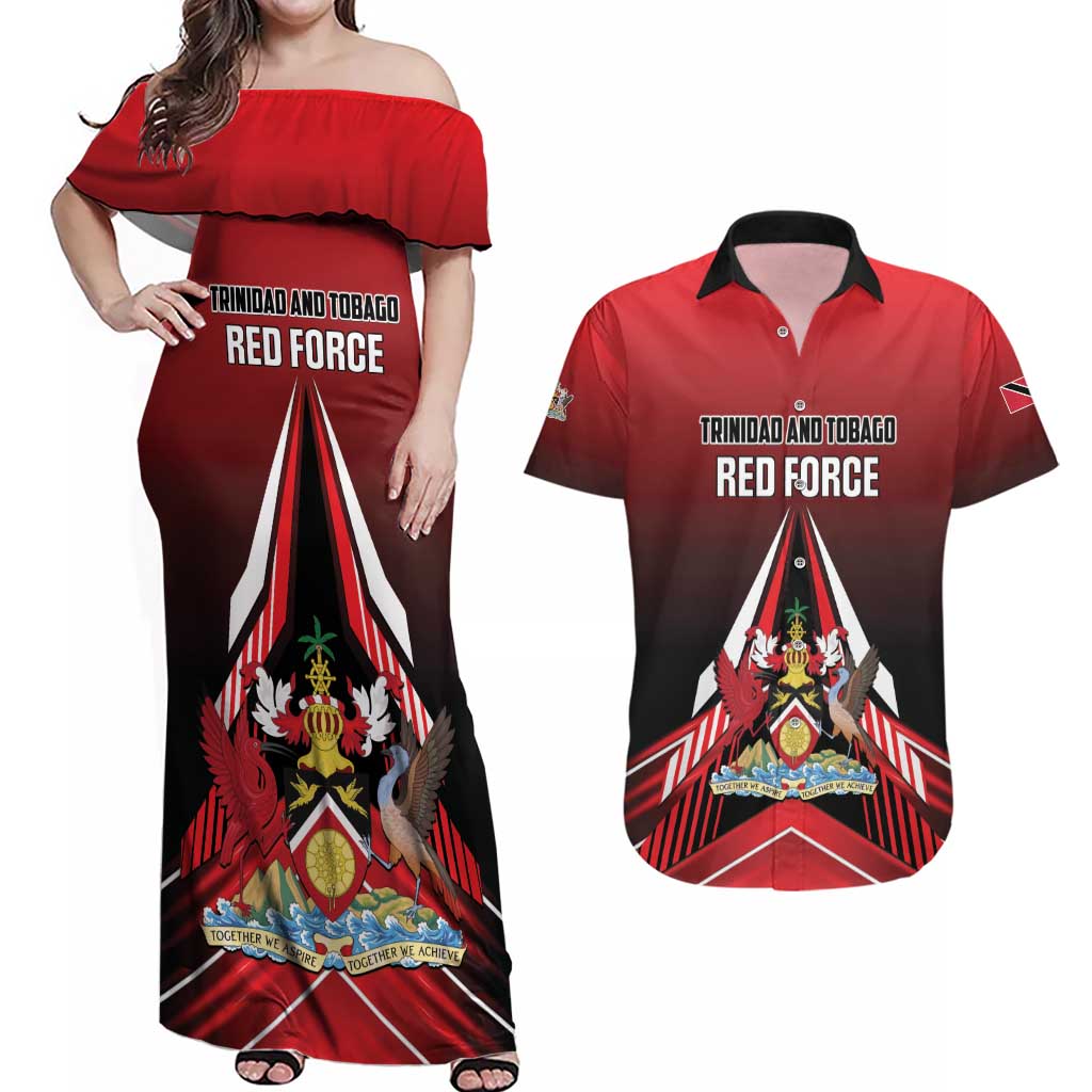 Custom Cricket Trinidad and Tobago Red Force Couples Matching Off Shoulder Maxi Dress and Hawaiian Shirt Go Champion