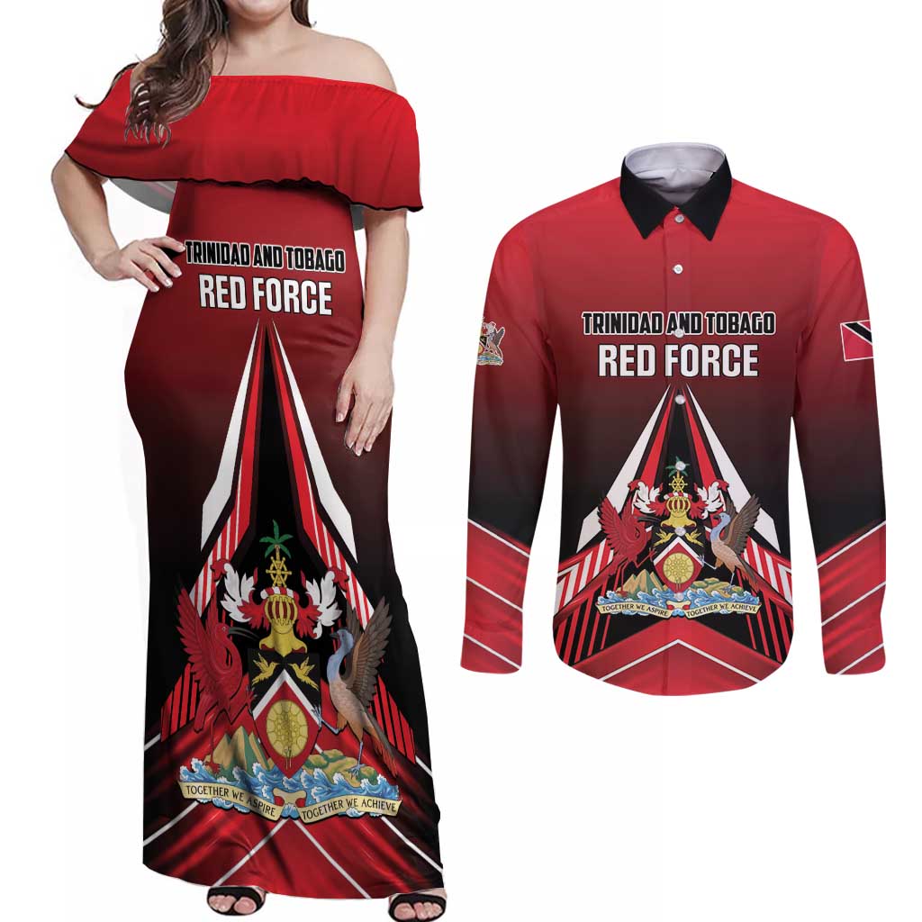 Custom Cricket Trinidad and Tobago Red Force Couples Matching Off Shoulder Maxi Dress and Long Sleeve Button Shirt Go Champion