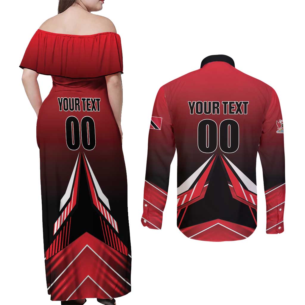 Custom Cricket Trinidad and Tobago Red Force Couples Matching Off Shoulder Maxi Dress and Long Sleeve Button Shirt Go Champion
