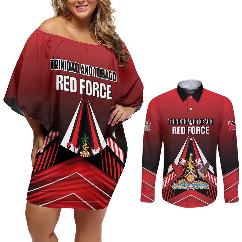 Custom Cricket Trinidad and Tobago Red Force Couples Matching Off Shoulder Short Dress and Long Sleeve Button Shirt Go Champion