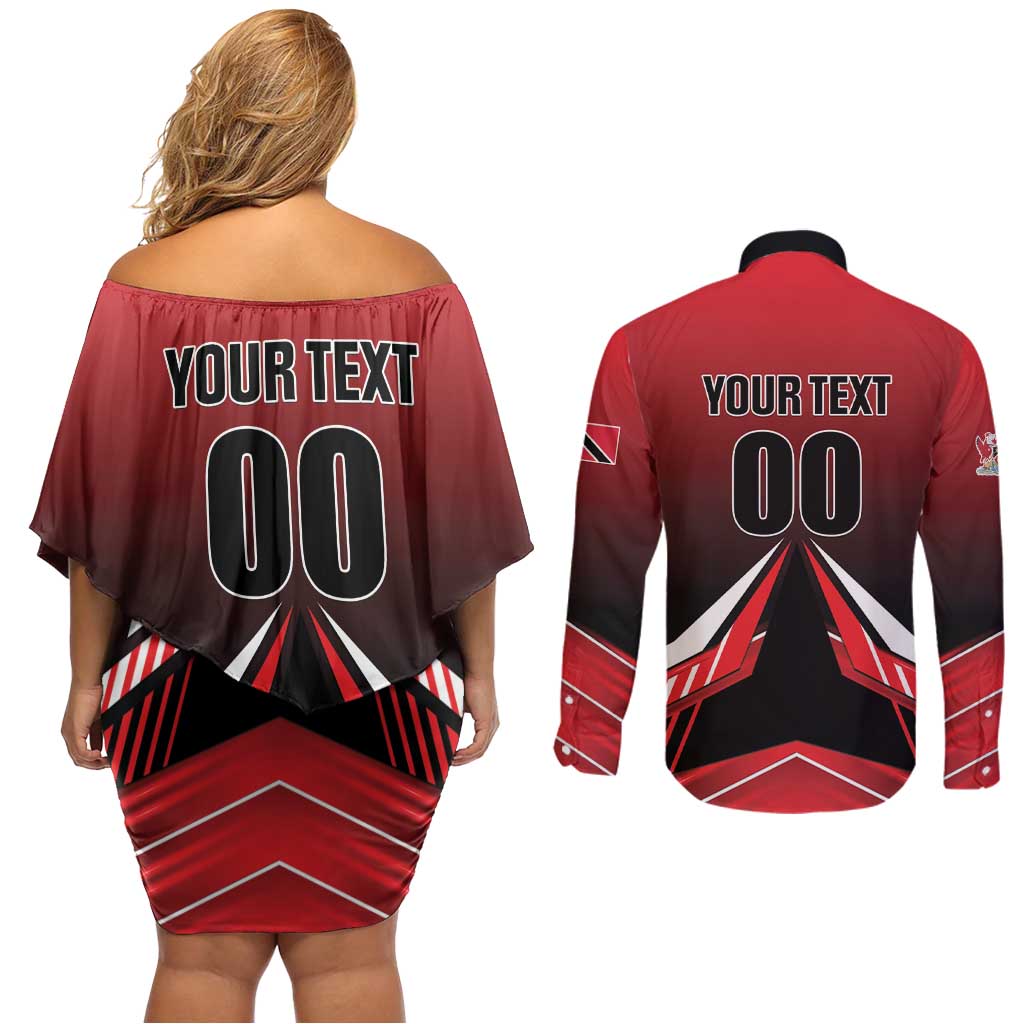 Custom Cricket Trinidad and Tobago Red Force Couples Matching Off Shoulder Short Dress and Long Sleeve Button Shirt Go Champion