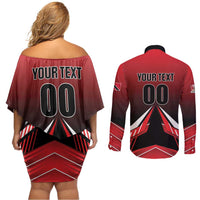 Custom Cricket Trinidad and Tobago Red Force Couples Matching Off Shoulder Short Dress and Long Sleeve Button Shirt Go Champion