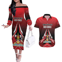 Custom Cricket Trinidad and Tobago Red Force Couples Matching Off The Shoulder Long Sleeve Dress and Hawaiian Shirt Go Champion