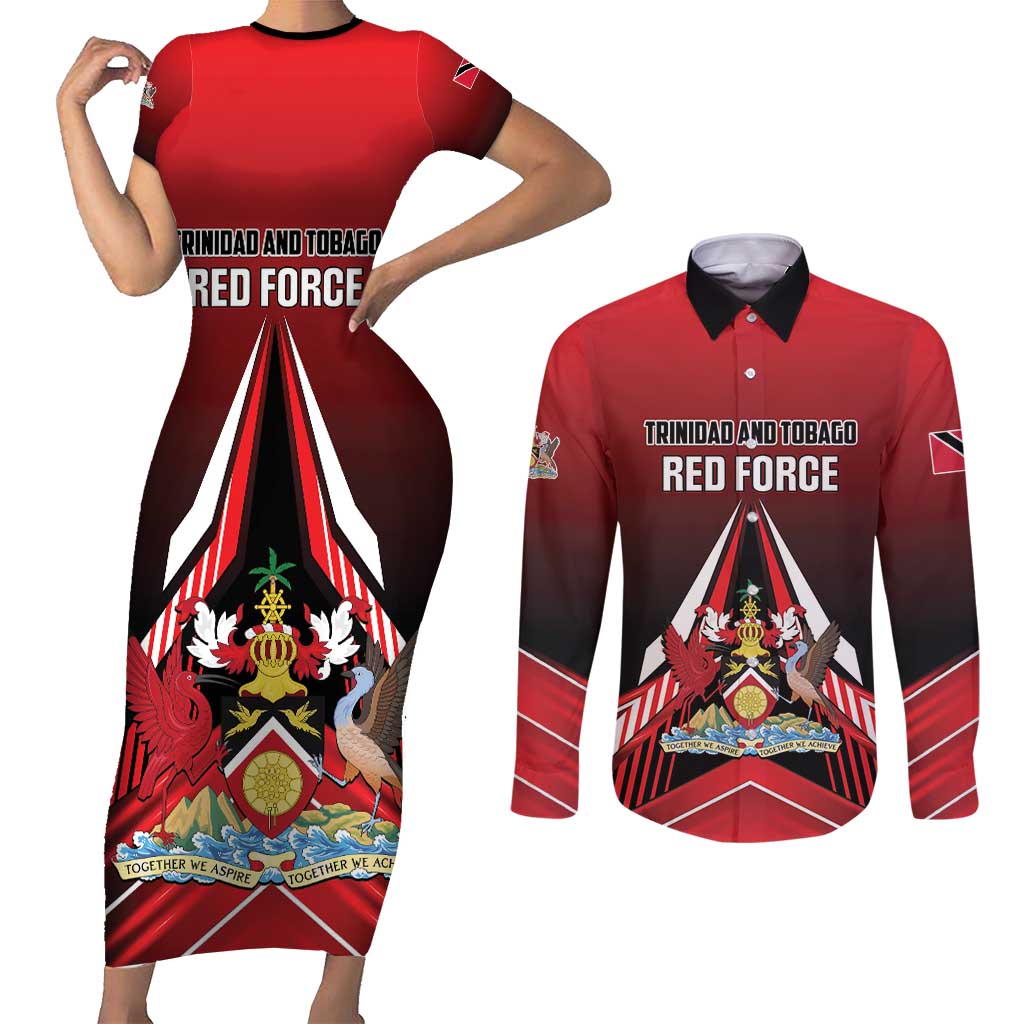 Custom Cricket Trinidad and Tobago Red Force Couples Matching Short Sleeve Bodycon Dress and Long Sleeve Button Shirt Go Champion