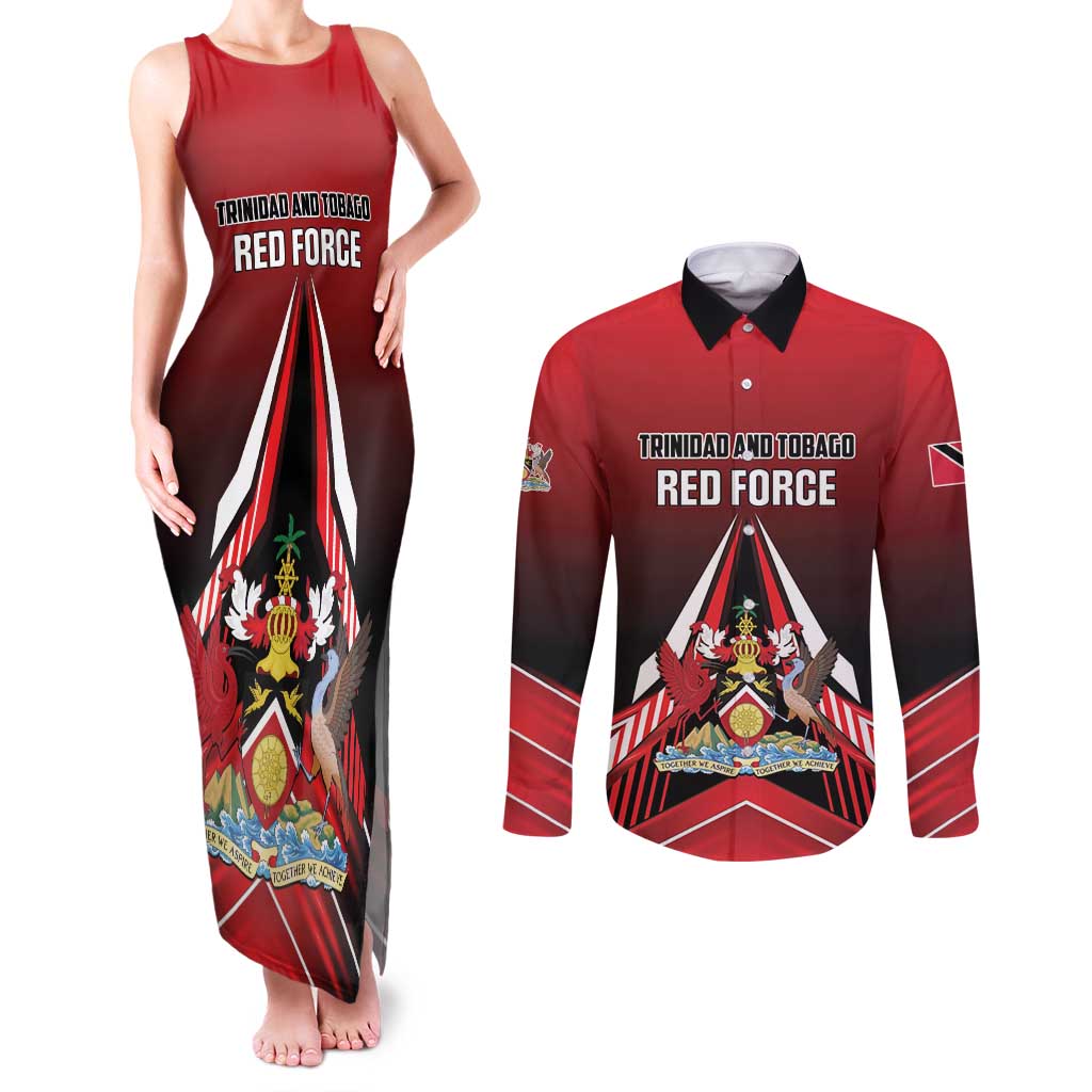 Custom Cricket Trinidad and Tobago Red Force Couples Matching Tank Maxi Dress and Long Sleeve Button Shirt Go Champion