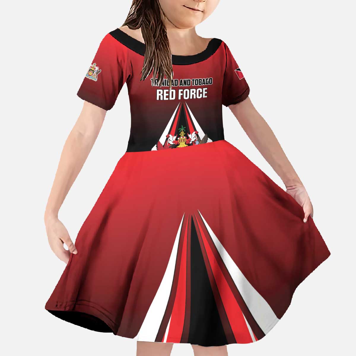 Custom Cricket Trinidad and Tobago Red Force Family Matching Off The Shoulder Long Sleeve Dress and Hawaiian Shirt Go Champion