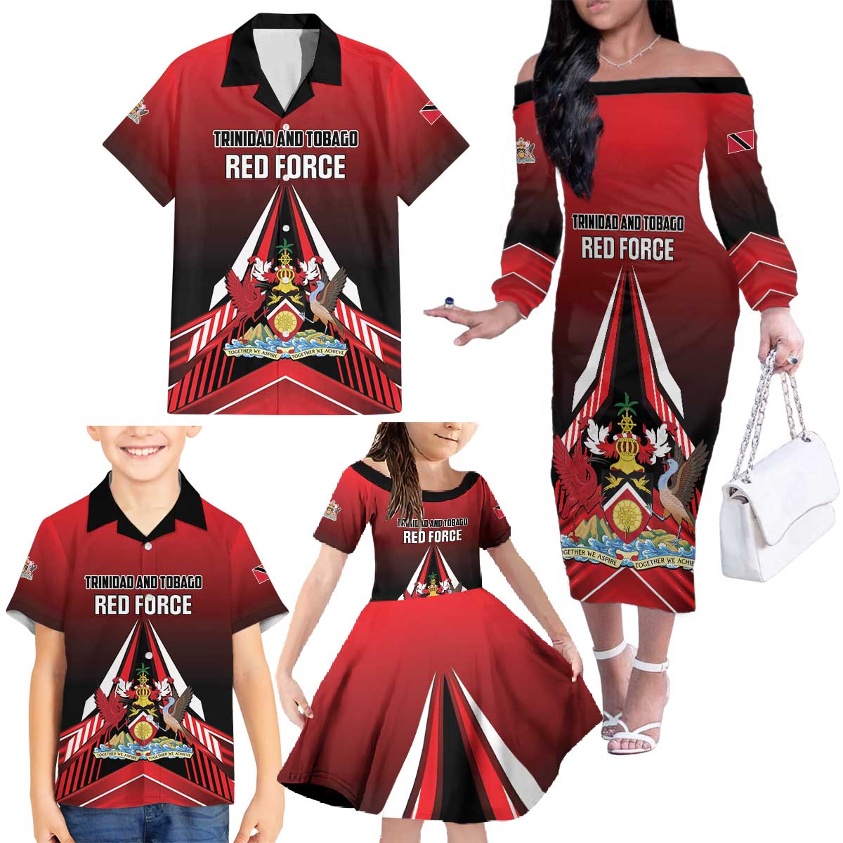 Custom Cricket Trinidad and Tobago Red Force Family Matching Off The Shoulder Long Sleeve Dress and Hawaiian Shirt Go Champion