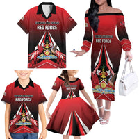 Custom Cricket Trinidad and Tobago Red Force Family Matching Off The Shoulder Long Sleeve Dress and Hawaiian Shirt Go Champion
