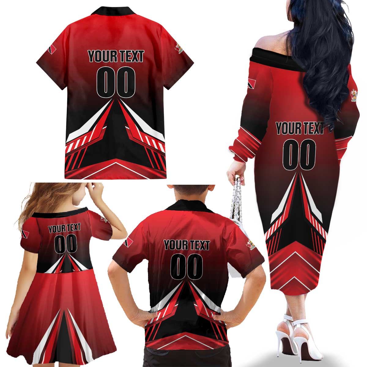 Custom Cricket Trinidad and Tobago Red Force Family Matching Off The Shoulder Long Sleeve Dress and Hawaiian Shirt Go Champion