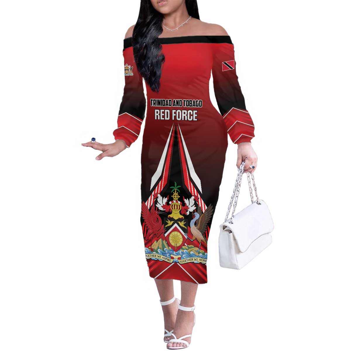 Custom Cricket Trinidad and Tobago Red Force Family Matching Off The Shoulder Long Sleeve Dress and Hawaiian Shirt Go Champion