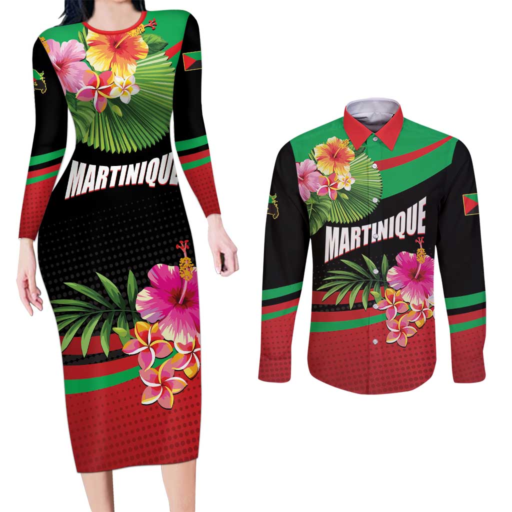 Personalized Martinique Tropical Flower Couples Matching Long Sleeve Bodycon Dress and Long Sleeve Button Shirt Matinik Beautiful Island