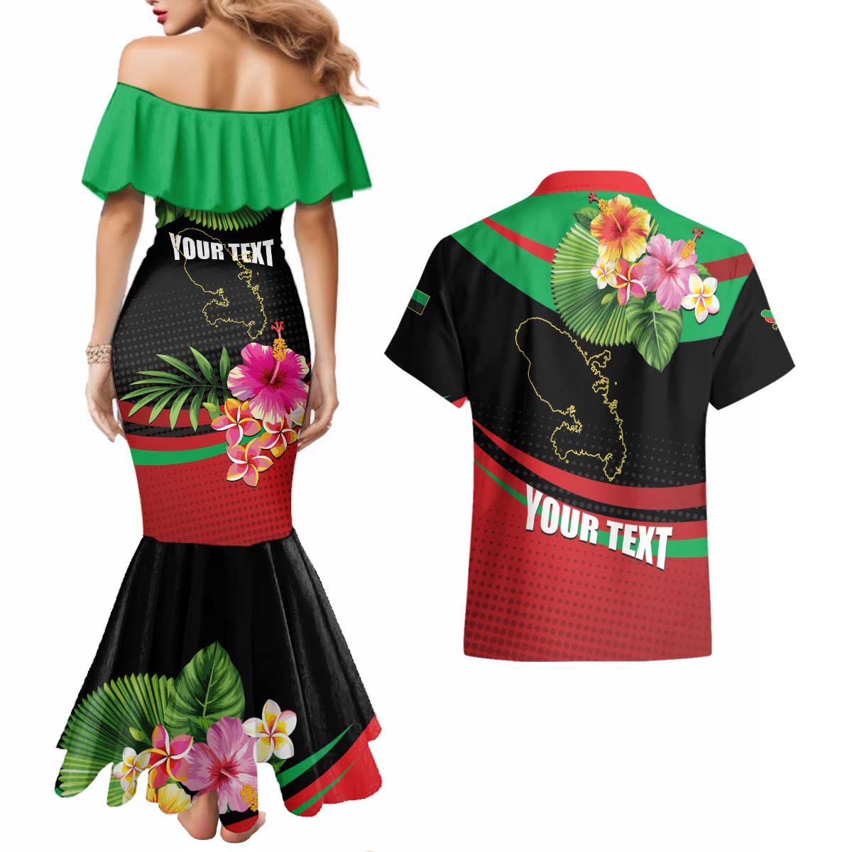 Personalized Martinique Tropical Flower Couples Matching Mermaid Dress and Hawaiian Shirt Matinik Beautiful Island