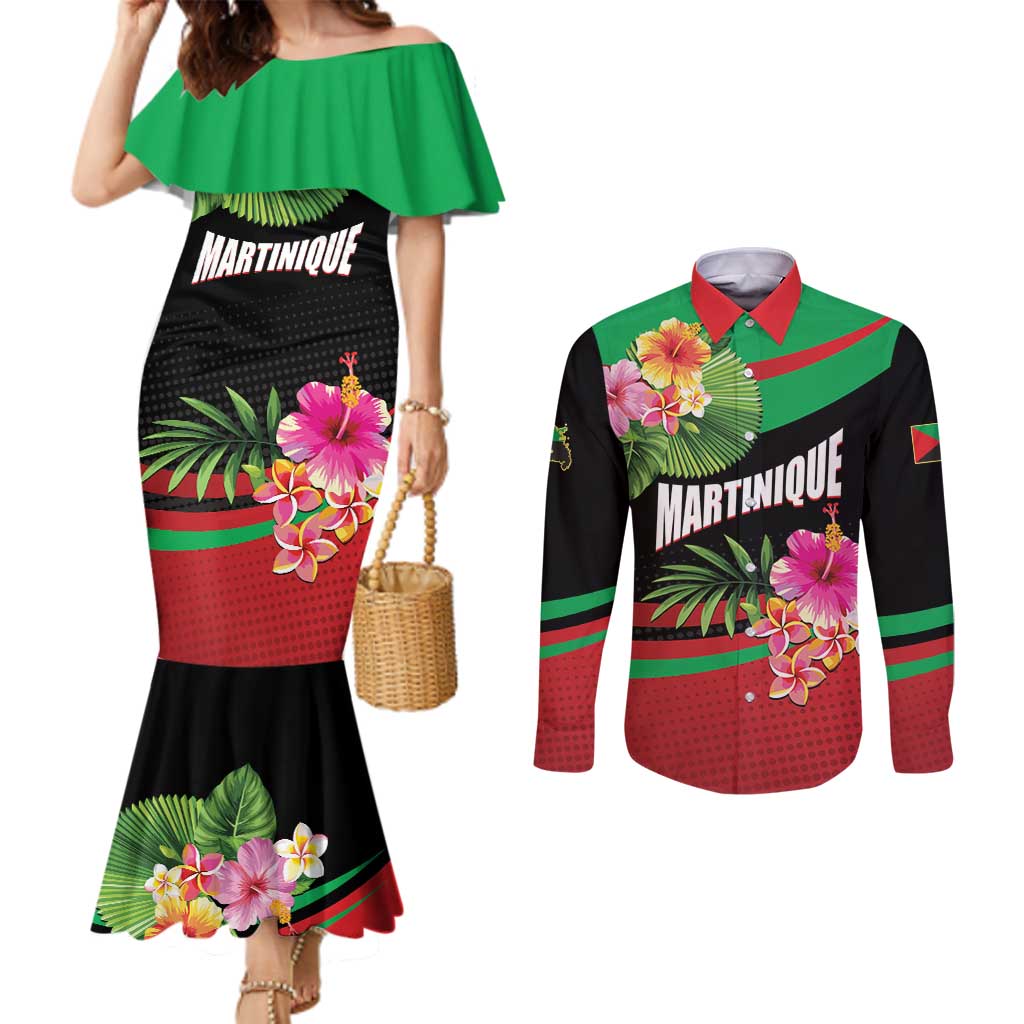 Personalized Martinique Tropical Flower Couples Matching Mermaid Dress and Long Sleeve Button Shirt Matinik Beautiful Island