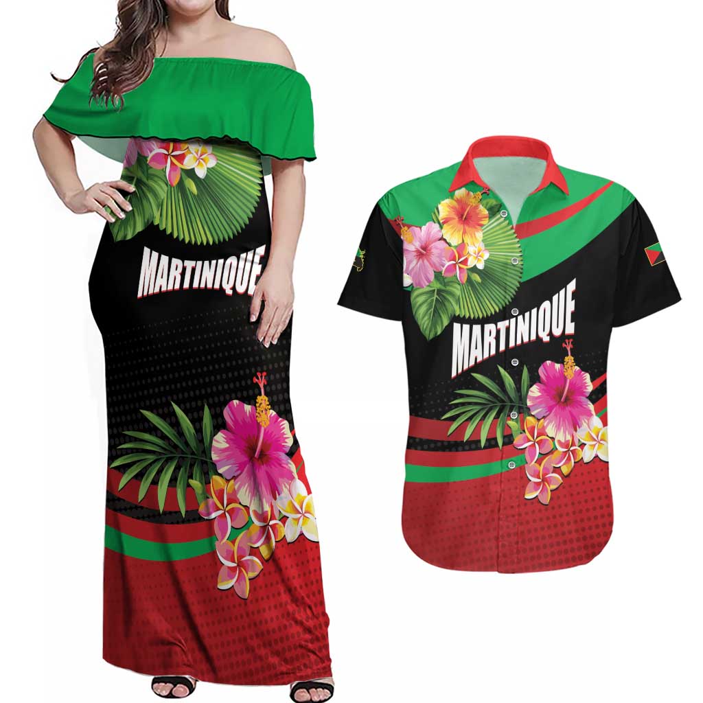 Personalized Martinique Tropical Flower Couples Matching Off Shoulder Maxi Dress and Hawaiian Shirt Matinik Beautiful Island