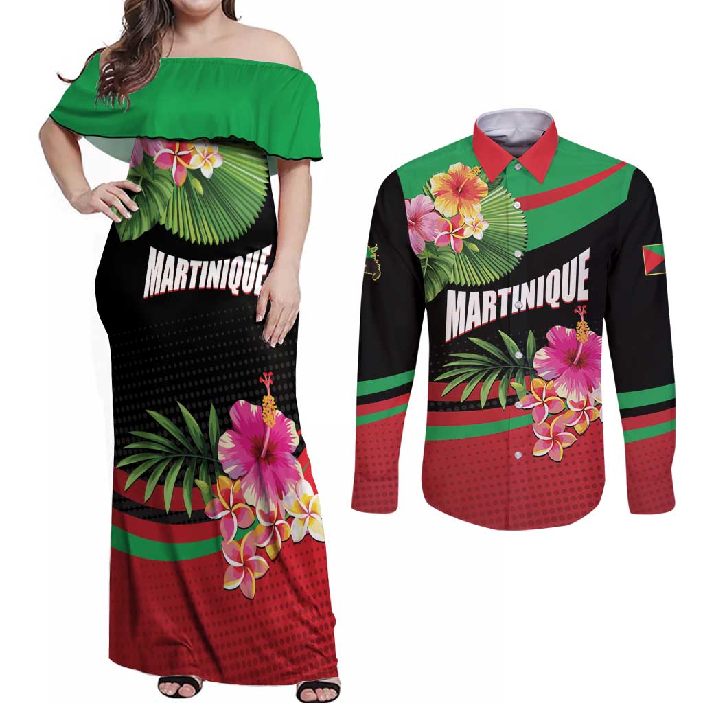 Personalized Martinique Tropical Flower Couples Matching Off Shoulder Maxi Dress and Long Sleeve Button Shirt Matinik Beautiful Island