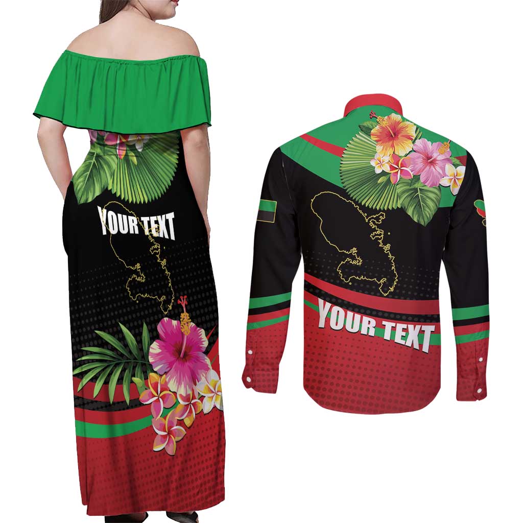 Personalized Martinique Tropical Flower Couples Matching Off Shoulder Maxi Dress and Long Sleeve Button Shirt Matinik Beautiful Island