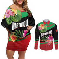 Personalized Martinique Tropical Flower Couples Matching Off Shoulder Short Dress and Long Sleeve Button Shirt Matinik Beautiful Island